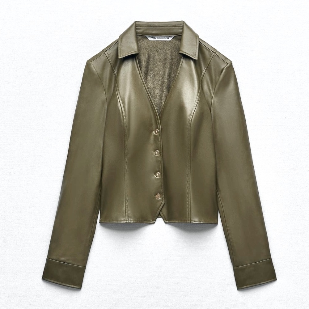 Zara faux leather olive green collared shirt with gold buttons size S